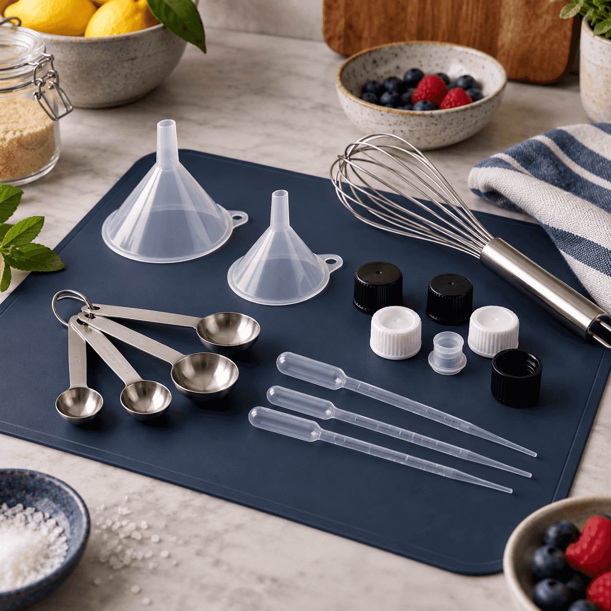 Kitchen mixing accessories including funnels, pipettes, measuring spoons and a whisk