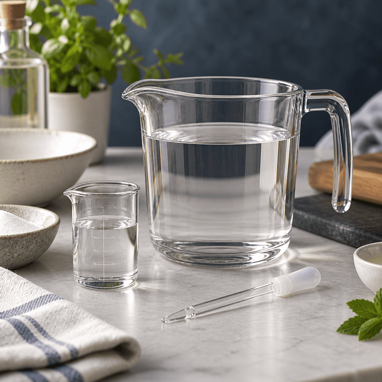 Clear food-use liquid in glass measuring jugs with a pipette