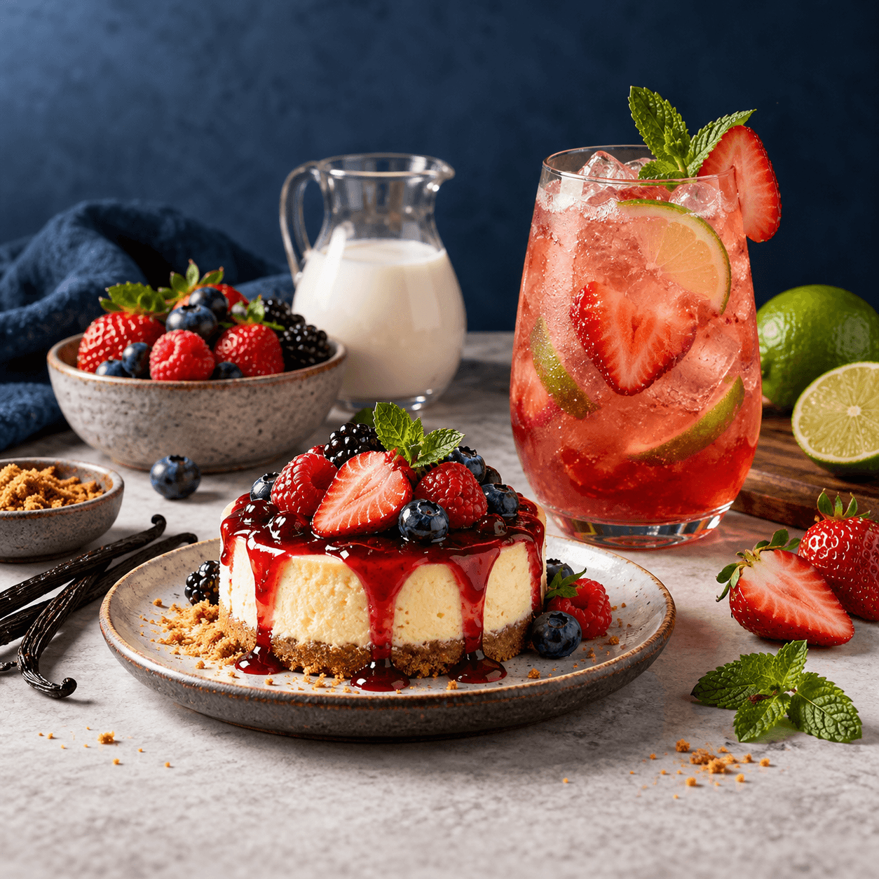 Finished dessert and fruit drink with berries and fresh ingredients