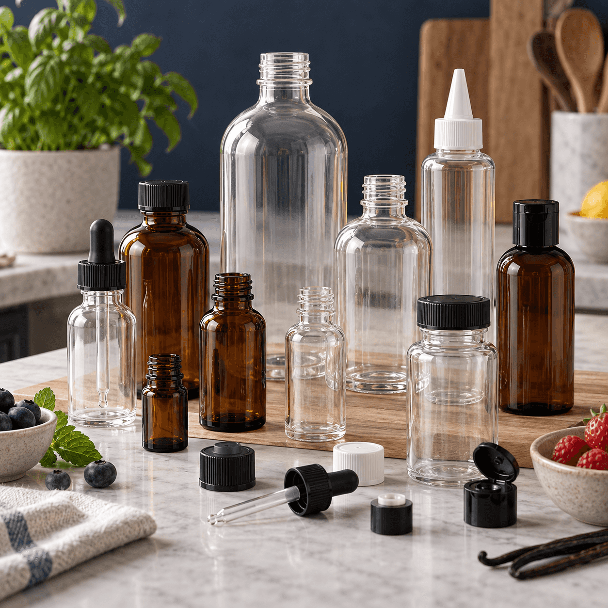 Clear and amber bottles, caps and droppers arranged on a kitchen worktop