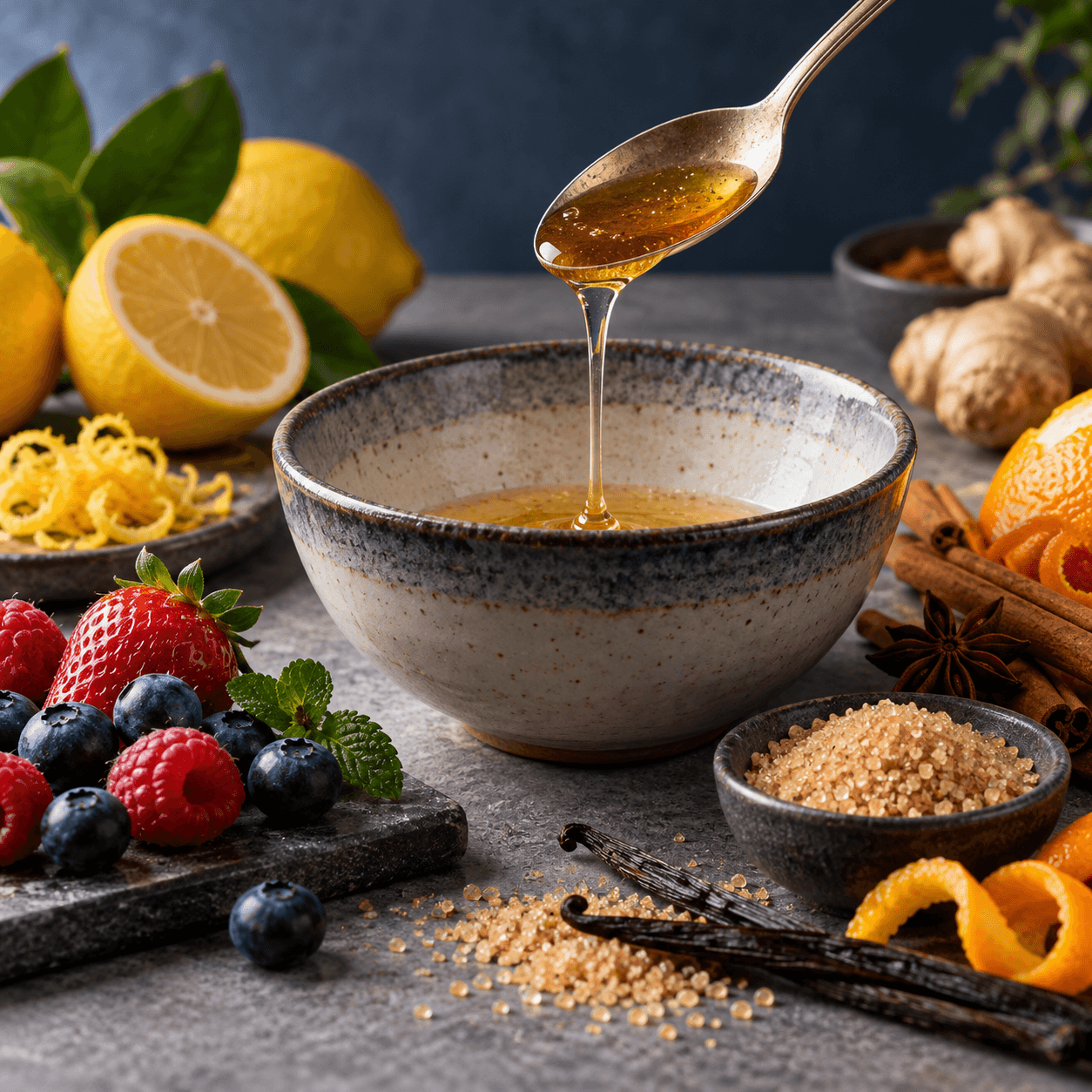 Citrus, berries, spices and sweet ingredients being combined in a bowl