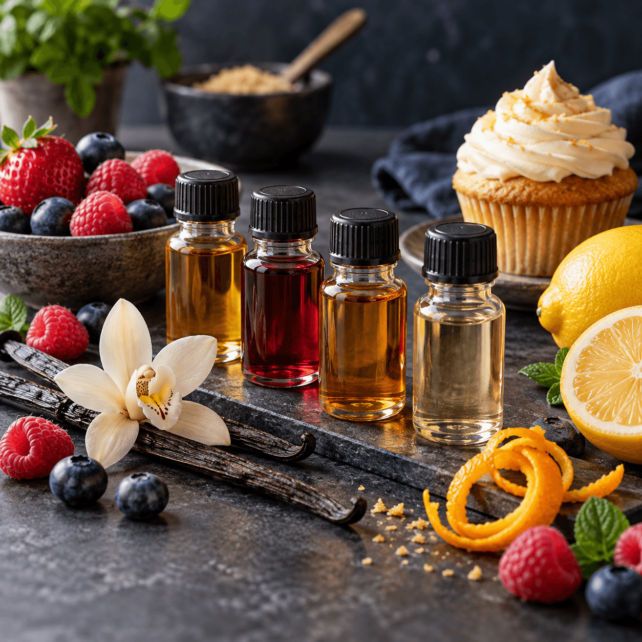 Culinary flavouring bottles with berries, vanilla, citrus and a cupcake